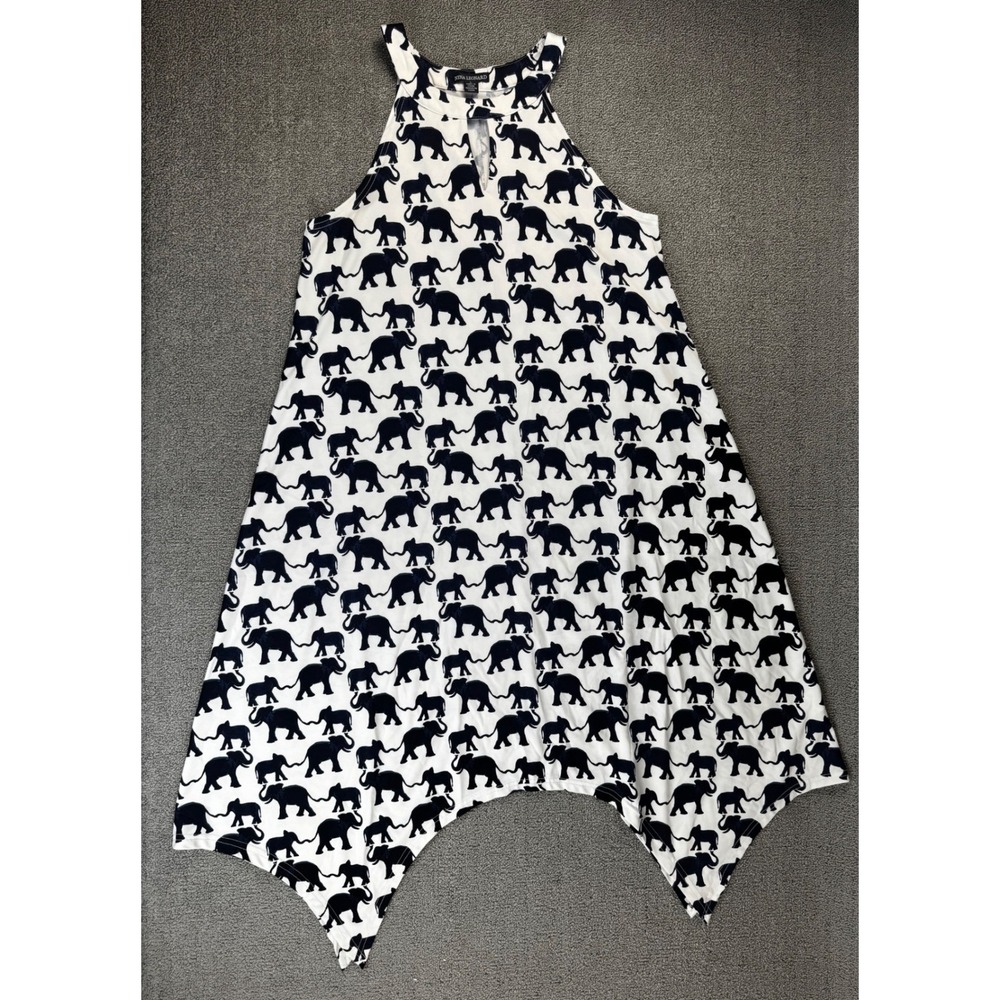 Nina Leonard Dress Large White Navy Novelty Elephant Print Sharkbite Hem Trapeze
